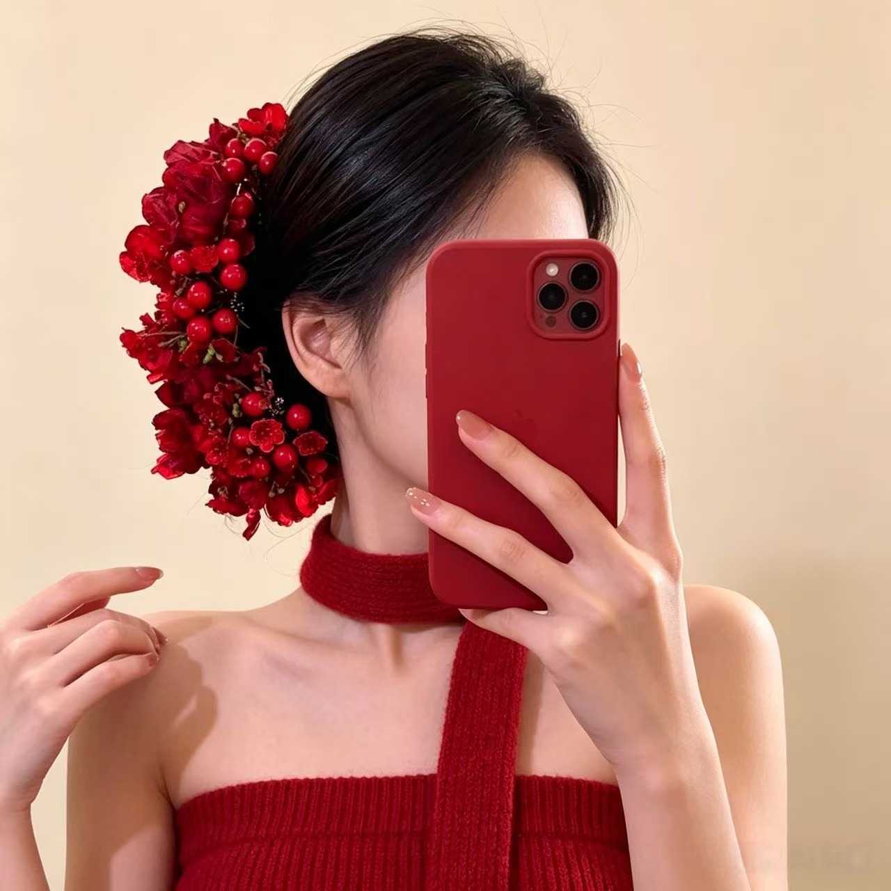 艳若榴丹~新中式红色花朵发簪女