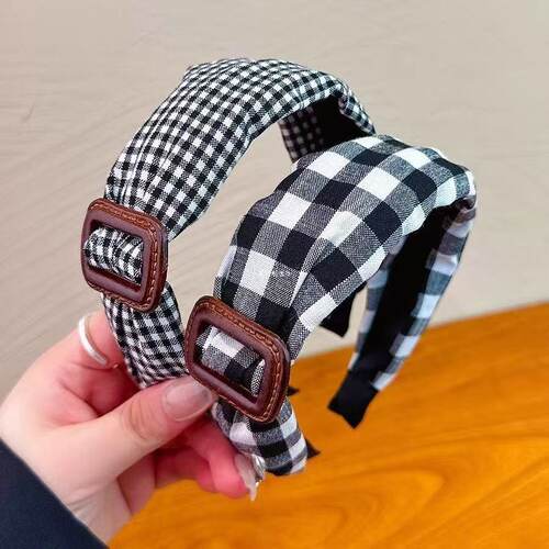 气质复古韩系发箍女经典黑白格