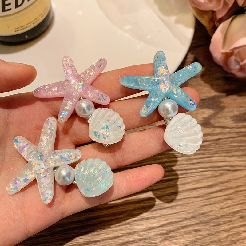 蓝色海星贝壳珍珠发夹女刘海