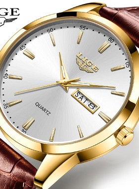 LIGE跨境时尚男士通用石英手表三针双历表盘商务男士手表防水腕表
