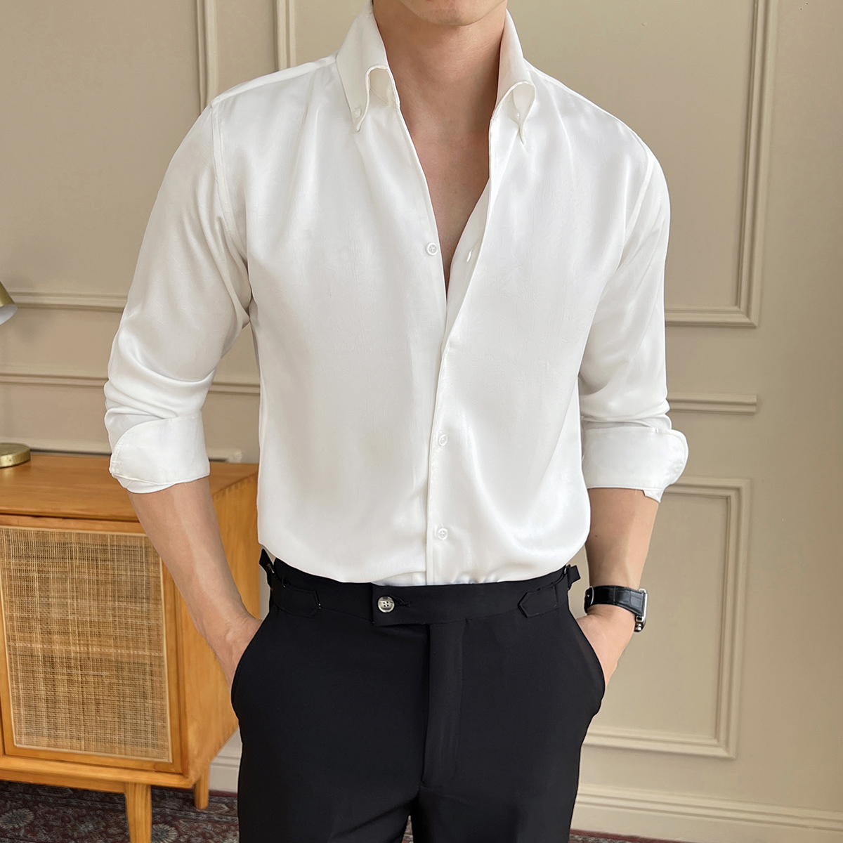 新款男士V领立领商务休闲垂感抗皱男士衬衫A407CS152白,男装衬衫,电商A407