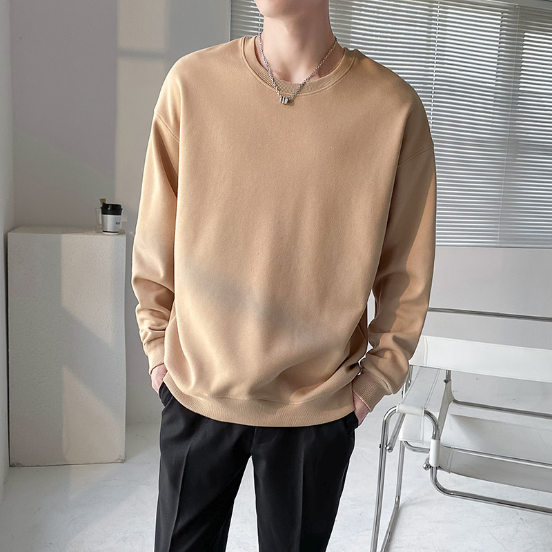 ins轻熟风男士纯色360克重磅圆领长袖T恤打底衫黑WY01-P45控68,男装T恤,电商A407
