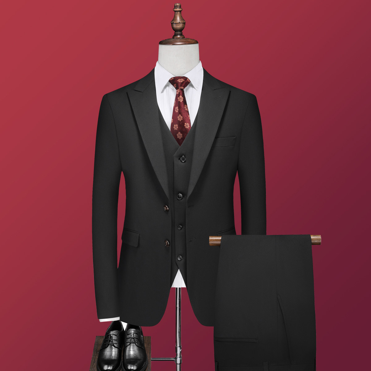 男士结婚礼服单排枪驳领西服修身新郎伴郎服A407-XZ337黑色-P125，男装西服，电商A407