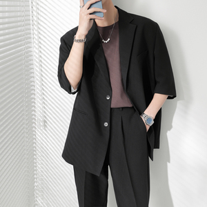 ins轻熟风纯色宽松落肩中袖西服外套男青年西装灰XZ285/P135控198图片