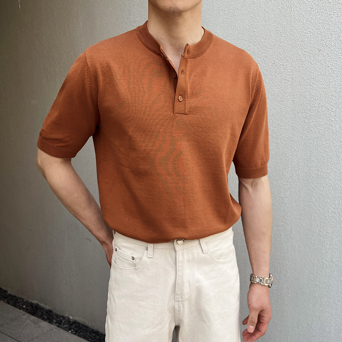 夏季弹力短袖男针织衫套头圆领T恤休闲亨利领薄款A407-DT84-P65咖图片