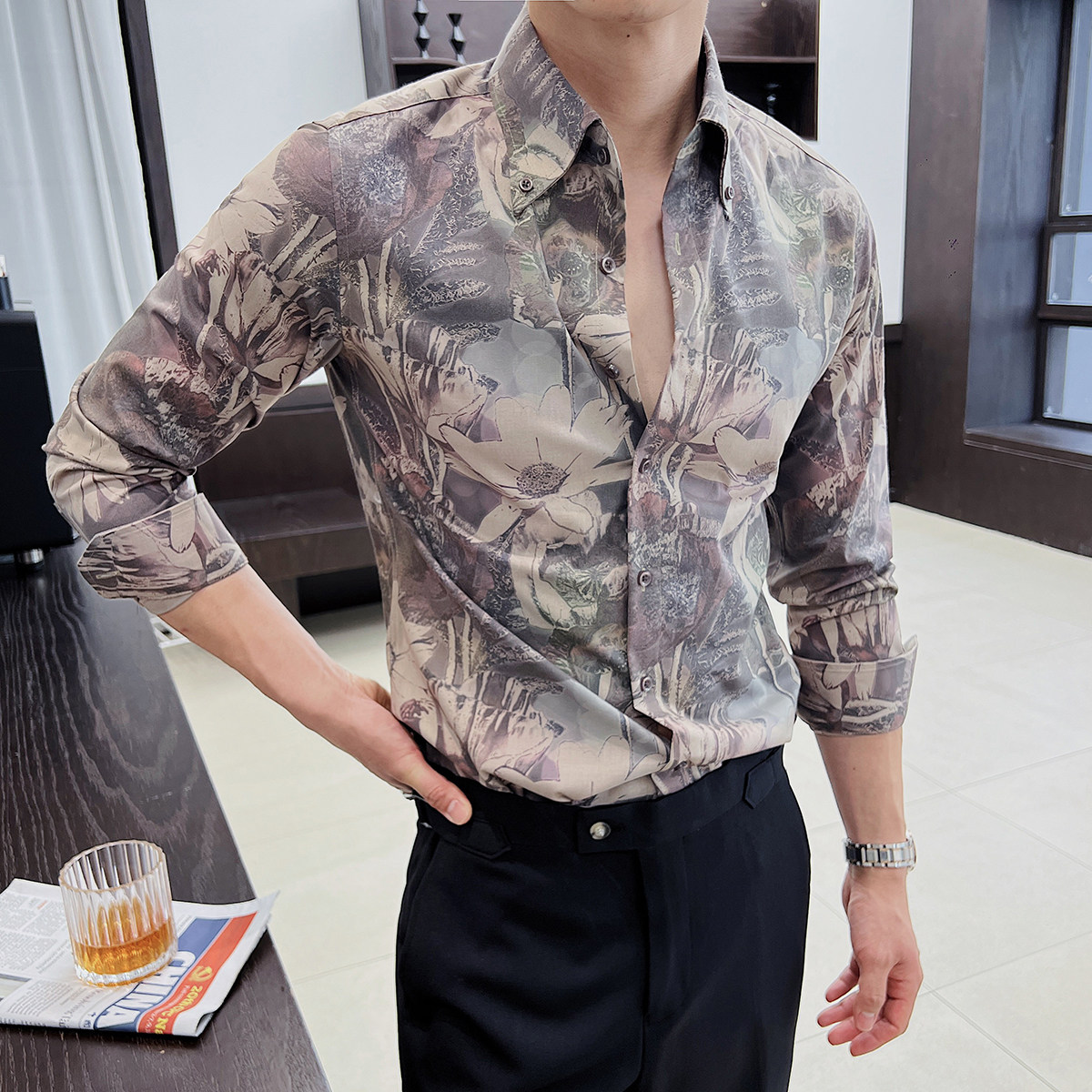 新款男士长袖痞帅花衬衫男式修身长袖翻领免烫衬衣CS115-P70-咖,男装衬衫,电商A407