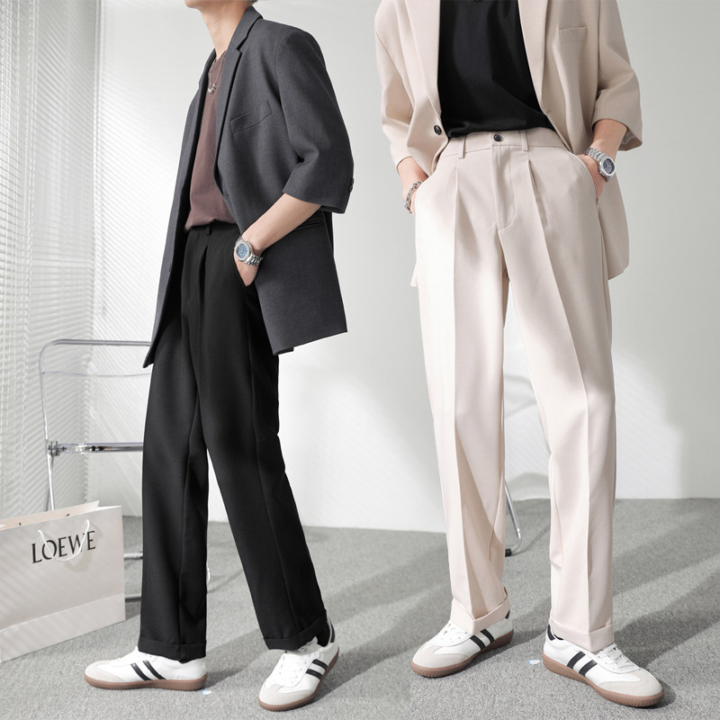 ins轻熟风男士阔腿直通裤男士休闲裤拼杏A407-K285-P75-控98，男装休闲裤，电商A407