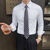 男士新款长袖暗条纹修身衬衫男式翻领衬衣痞帅上衣CS121-P75白，男装衬衫，电商A407