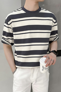 轻熟风男士夏季条纹拼色宽松落肩T恤灰A407-DT60-P55-控78图片