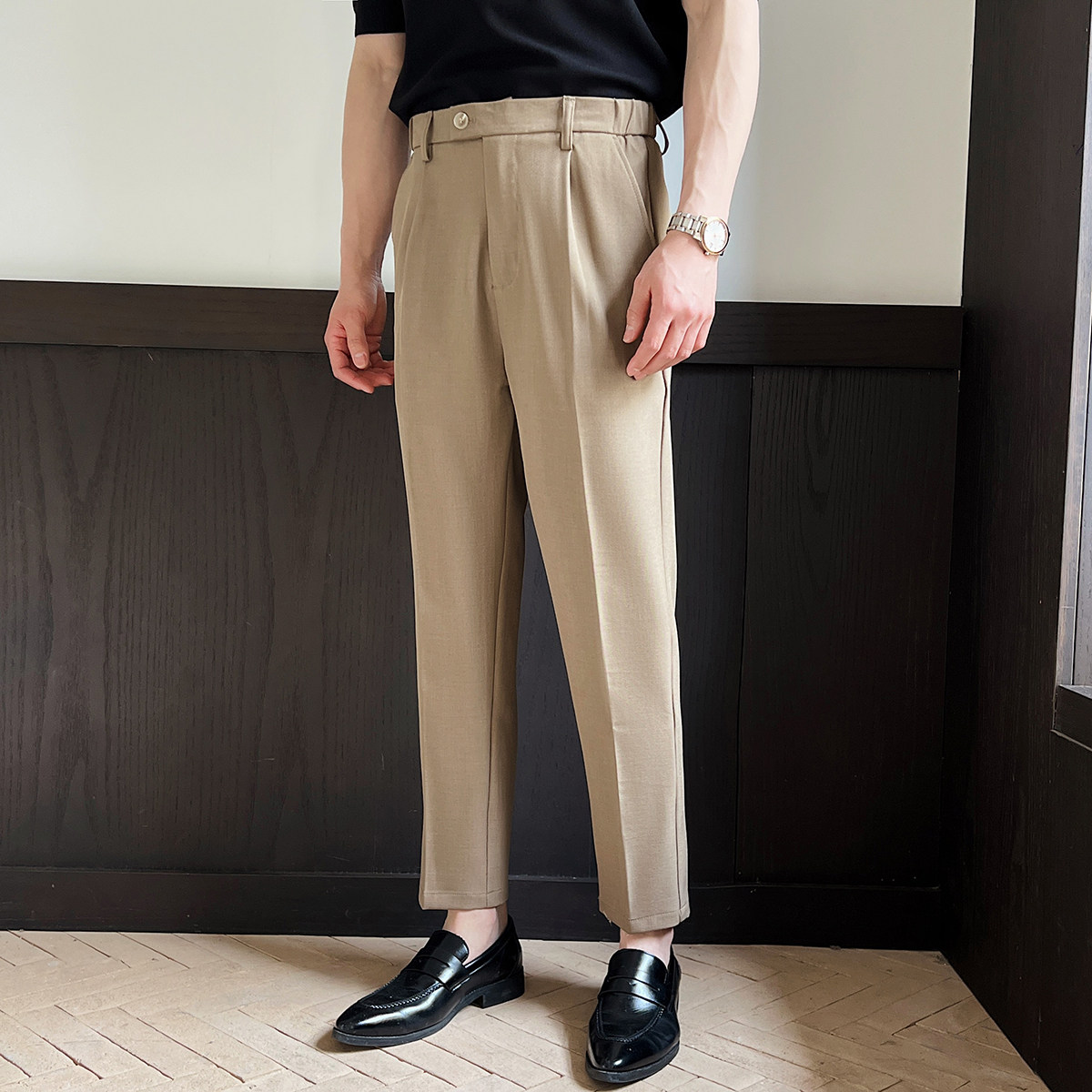 男士休闲阔腿弹力长裤宽松九分西裤英伦风直筒A407-K361-P70咖,男装西裤,电商A407