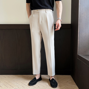 男士休闲阔腿弹力长裤宽松九分西裤英伦风直筒A407-K361-P70杏图片
