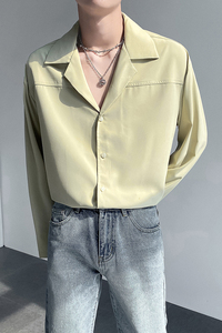 ins轻熟风男士宽松落肩西装领衬衫免烫垂感衬衣绿CS02-P55控88图片