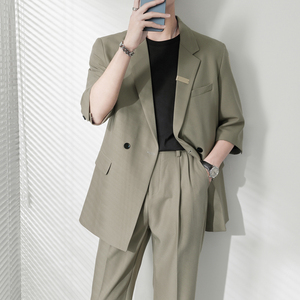 ins轻熟风纯色宽松落肩中袖西服外套男垂感西装咖XZ286/P145控198图片