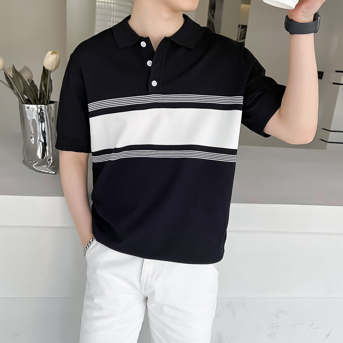 轻熟风男士夏季短袖针织翻领polo衫半袖t恤白A407-DT63-P55控78,男装T恤,电商A407
