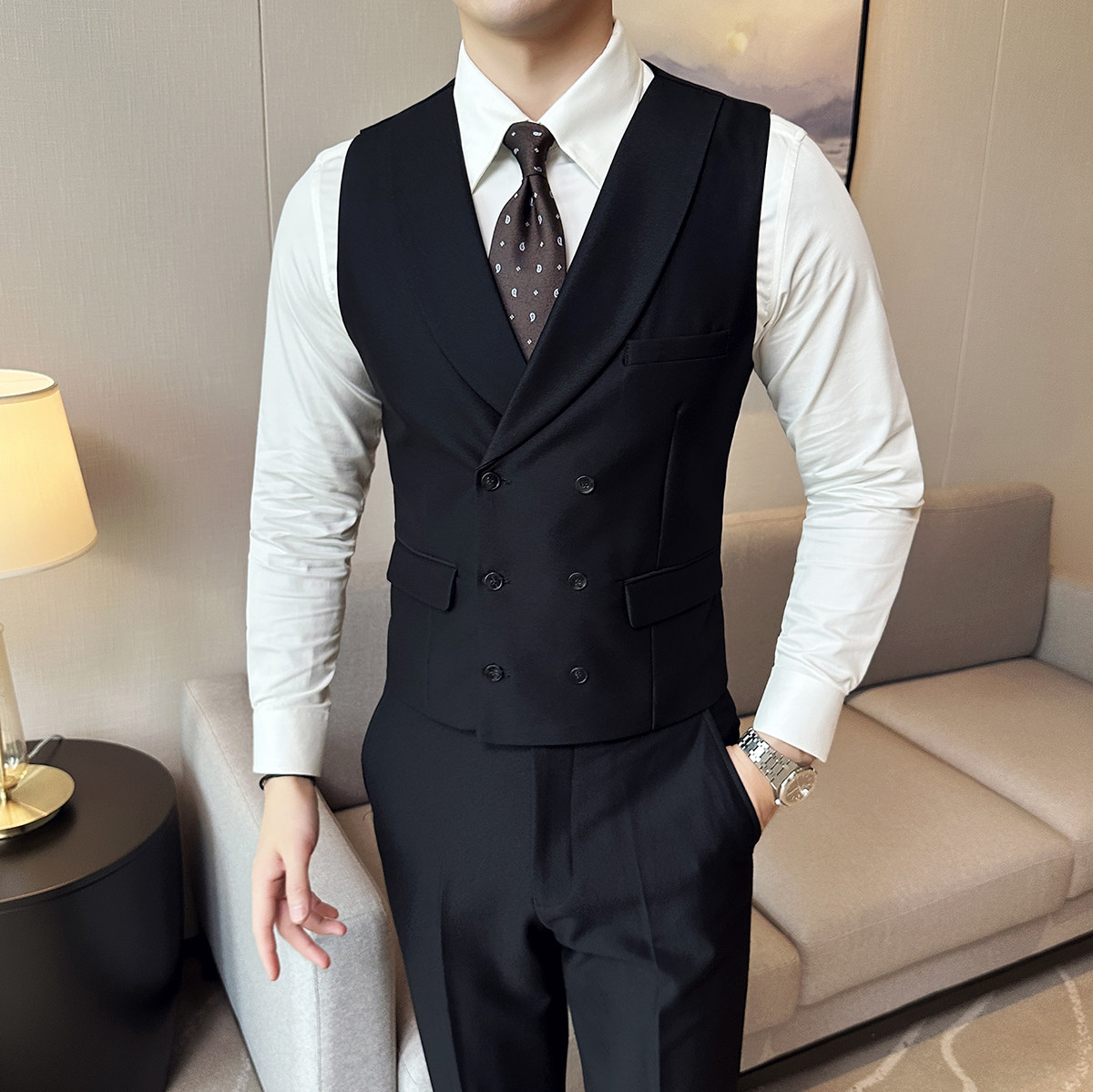 2025新款男士青果领新郎伴郎服双排马甲两件套装黑MJ300-P140,男装休闲套装,电商A407