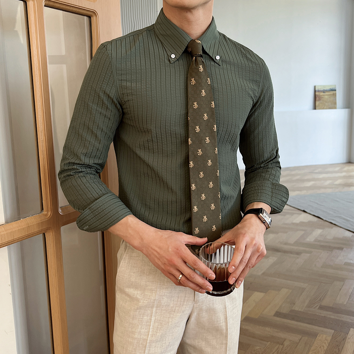 新款男士休闲百搭条纹帝领长袖衬衫男绅装尖领衬衣绿CS131-P75，男装衬衫，电商A407