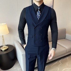 2025新款男士青果领新郎伴郎服双排马甲两件套装黑MJ300-P140