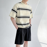 轻熟风男士夏季条纹拼色宽松落肩T恤白A407-DT62-P55，男装T恤，电商A407