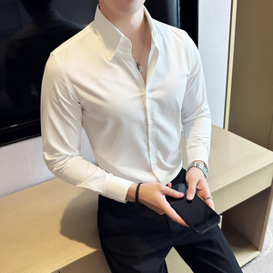 新款男士大尖领暗扣衬衫纯色白色黑色修身长袖衬衣兰-CS102-P75图片
