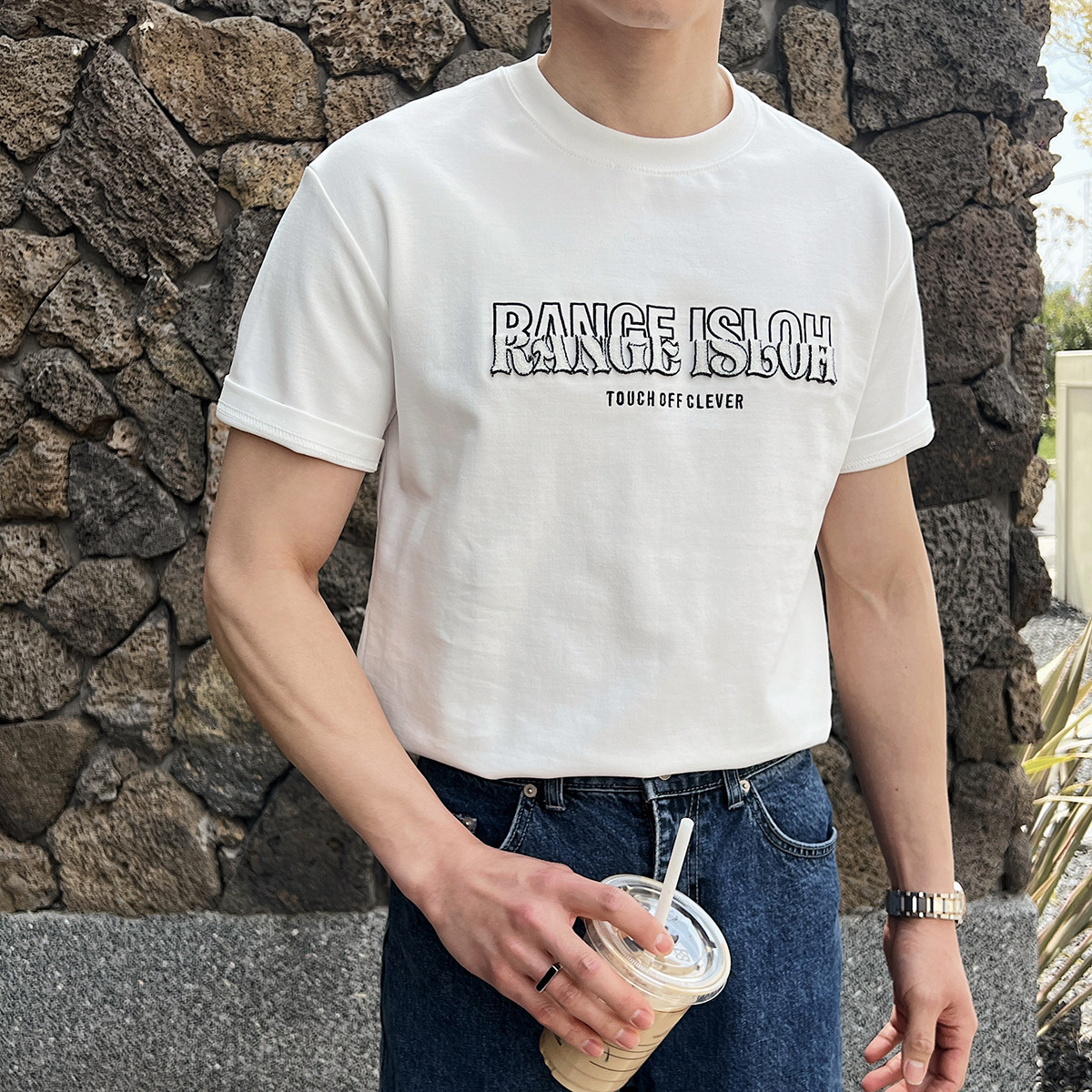 男士夏季英伦风短袖字母圆领T恤轻熟五分袖T恤衫A407-DT82-P60黑,男装T恤,电商A407