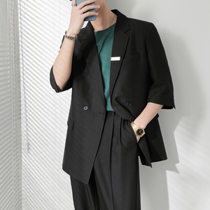 ins轻熟风纯色宽松落肩中袖西服外套男垂感西装灰XZ286/P145控198图片