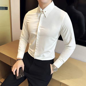 23新款男士大尖领暗扣衬衫纯色帝领修身长袖衬衣白-CS103-P75图片