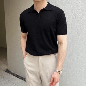 夏季弹力短袖男针织衫套头翻领T恤休闲V领薄款A407-DT83-P60绿图片