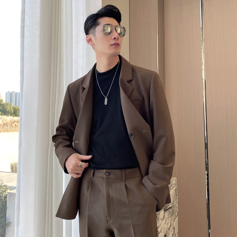 男士网红纯色格子垂感宽松西服外套男青年西装咖XZ281-P165控198，男装西服套装，电商A407