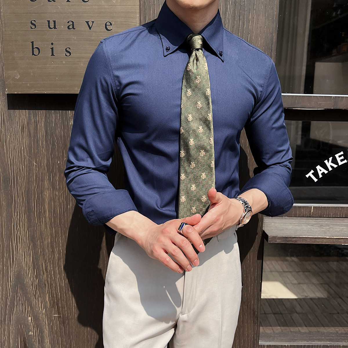 男士新款长袖暗条纹修身衬衫男式翻领衬衣痞帅上衣CS121-P75藏图片