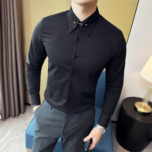 23新款男士大尖领暗扣衬衫纯色帝领修身长袖衬衣白-CS103-P75图片