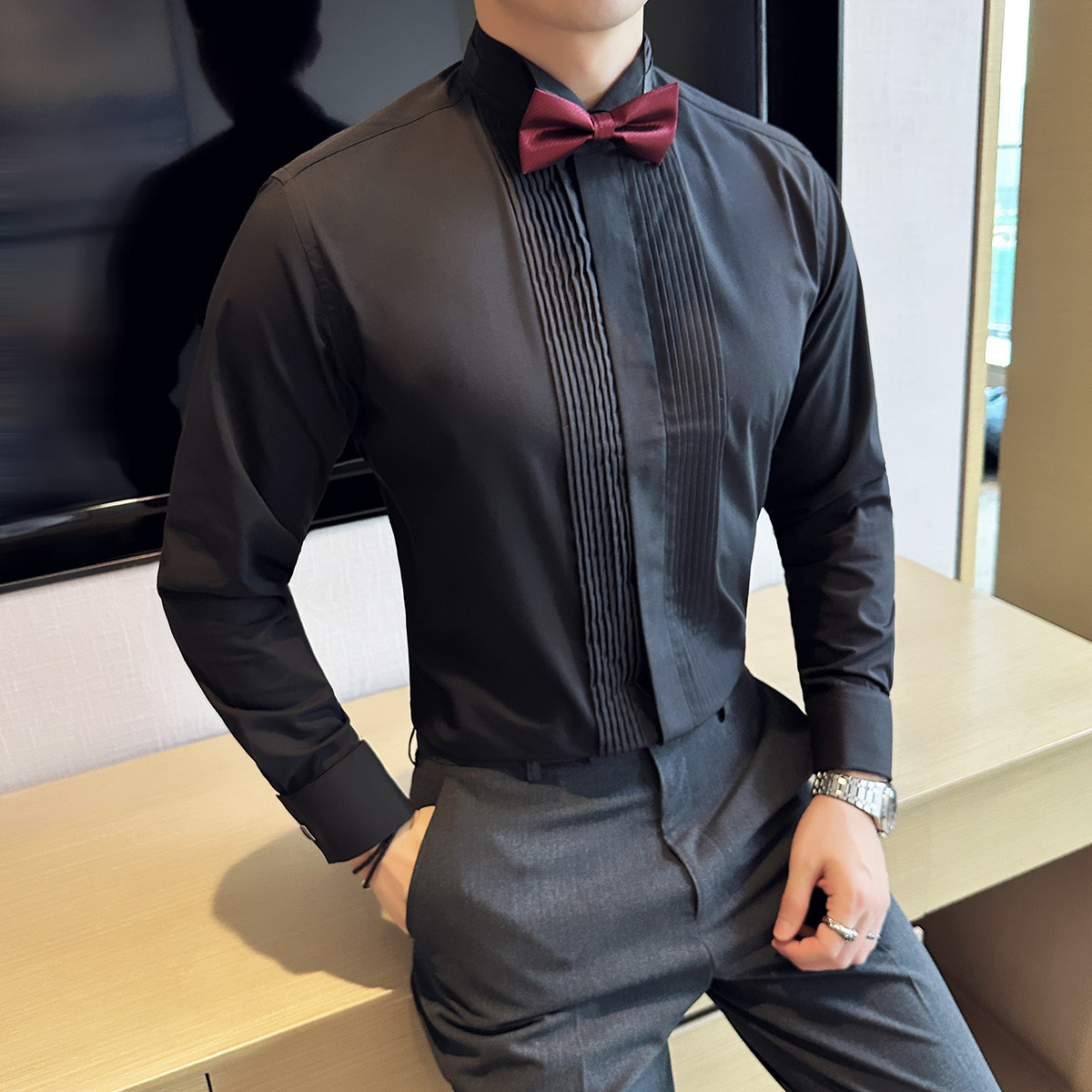 23新款婚礼法式袖翼型领衬衫纯色白色礼服长袖衬衣黑-CS104-P60,男装衬衫,电商A407