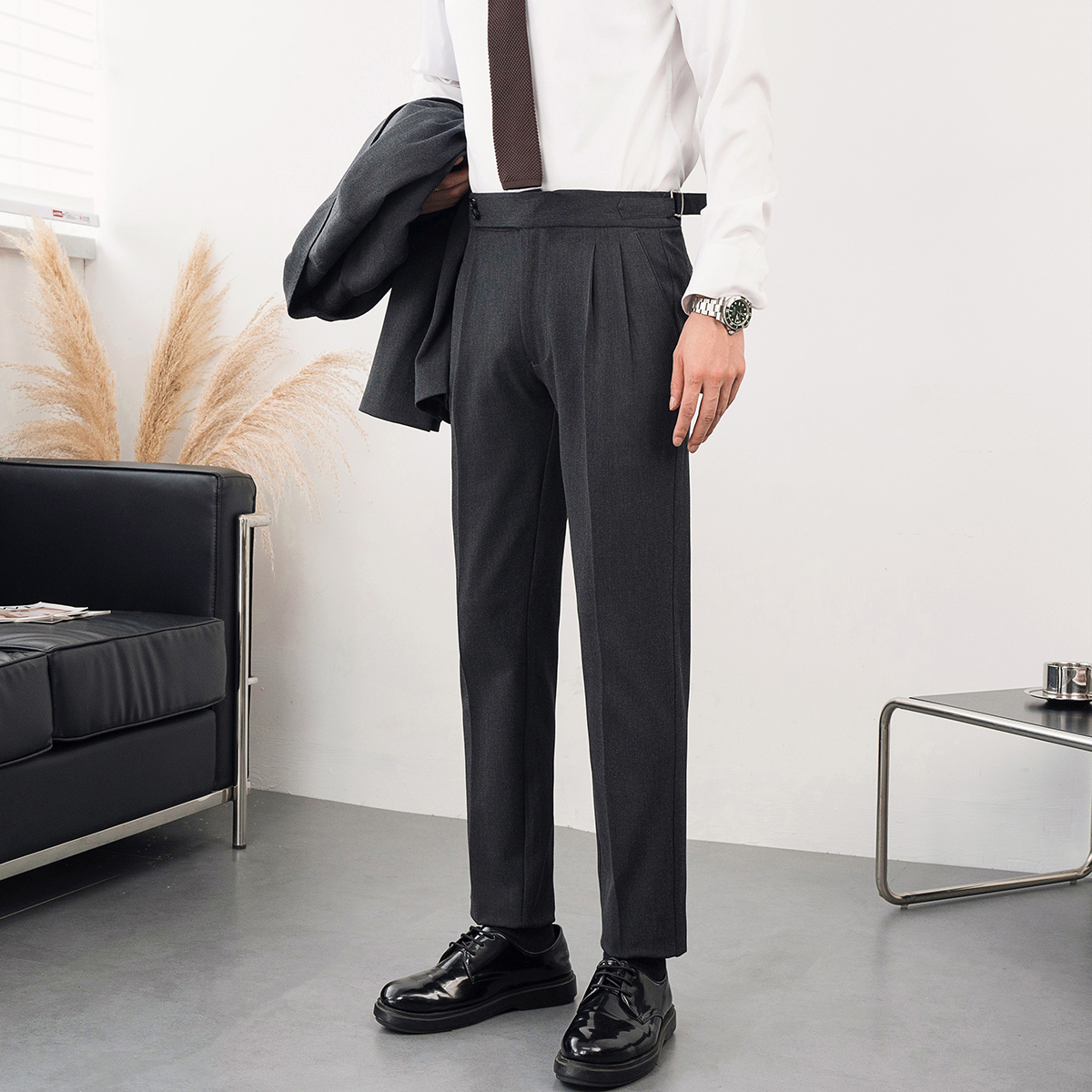 2025秋季新款男士商务锥型小直筒修身小脚裤深灰A407-K313-P80，男装休闲裤，电商A407