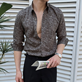 男士长袖印花衬衣痞帅高级修身英伦风春秋衬衫A407-CS108-P70黑，男装衬衫，电商A407