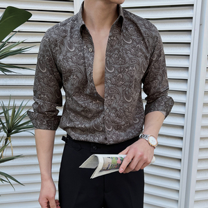 男士长袖印花衬衣痞帅高级修身英伦风春秋衬衫A407-CS108-P70黑图片