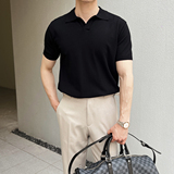 夏季弹力短袖男针织衫套头翻领T恤休闲V领薄款A407-DT83-P60杏，男装T恤，电商A407