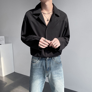 ins轻熟风男士宽松落肩西装领衬衫免烫垂感衬衣绿CS02-P55控88图片