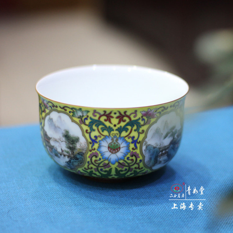 【青如堂】 描金花卉彩开窗山水珐琅彩大碗 孤品 六合茗居自藏