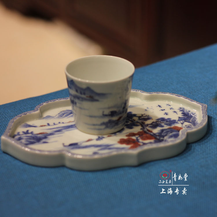 【青如堂】全手工精品青花釉里红山水人物赏盘/茶盘 六合茗居