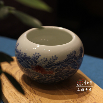 【青如堂】全手工青花釉里红海水鱼纹茶洗 六合茗居