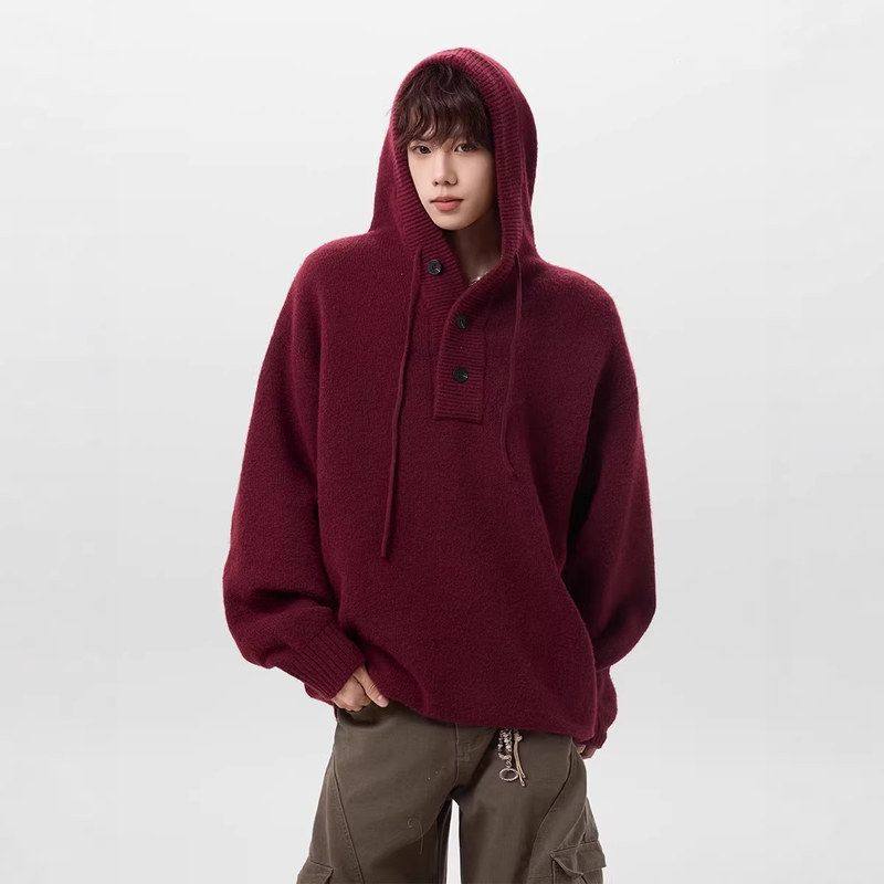 新年连帽线衣毛衣重磅美式红色宽松男女针织衫潮牌冬复古休闲运动