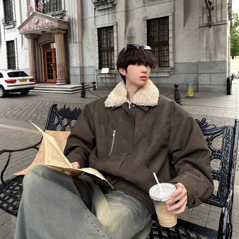 棉服街头棉衣外套一体羊羔毛美式