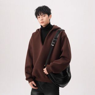 休闲男美式卫衣V帽衫慵懒百搭假两件秋季连帽长袖情侣深领外套风