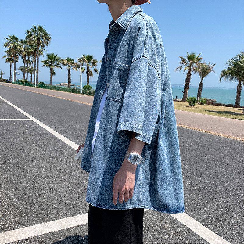 潮流牛仔外套痞帅短袖衬衫男士百搭宽松半袖衬衣港风薄款夏季休闲