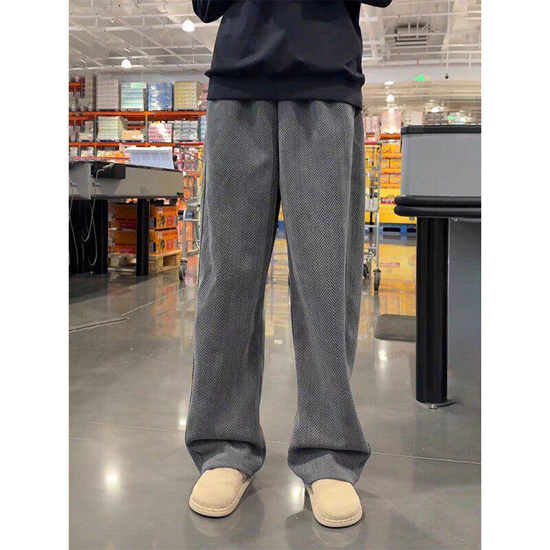 休闲裤加绒男款针织纹重磅美式秋冬弯刀宽松深灰色厚卫裤裤子人字