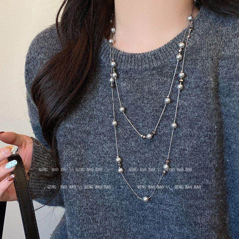 秋冬灰色珍珠项链配饰长款奢叠女轻戴颈链满天星双层高级感毛衣链