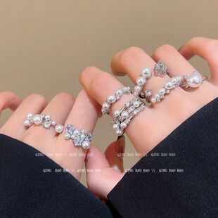 奢小众食指戒轻锆石冷淡风ins开口珍珠百搭气质韩系戒指优雅手饰