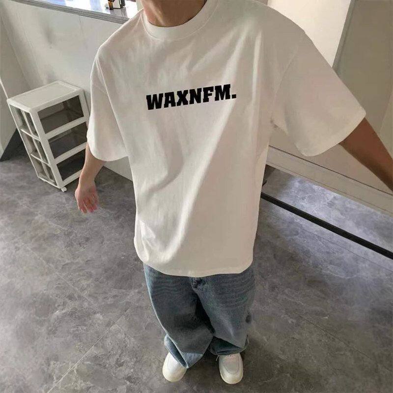 白色字母100上衣%痞帅宽松纯棉简约小T恤重磅短袖夏季男领口潮牌