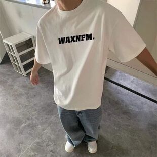 白色字母100上衣%痞帅宽松纯棉简约小T恤重磅短袖夏季男领口潮牌