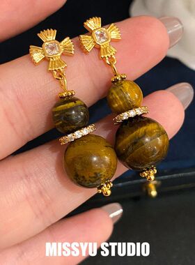 虎眼石ins锆石精巧花饰！耳钉风