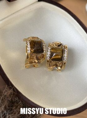 叙虎眼石耳环方形风高级感锆石